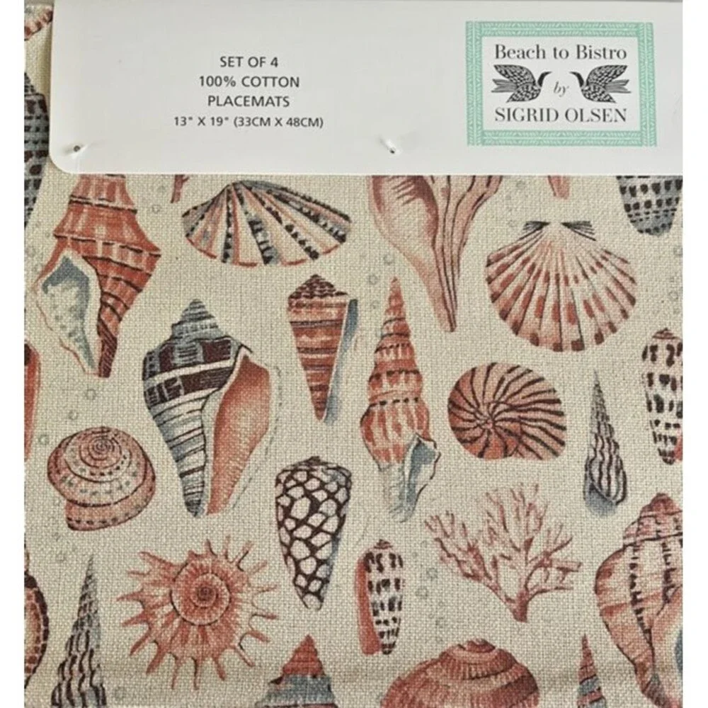 Sigrid Olsen Placemats Sepia Shells Summer Beach Machine Wash 13x19 Set of 4